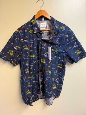 Denim & Flower Navy Short-Sleeve Island & Sailboat Print Button-Down Shirt